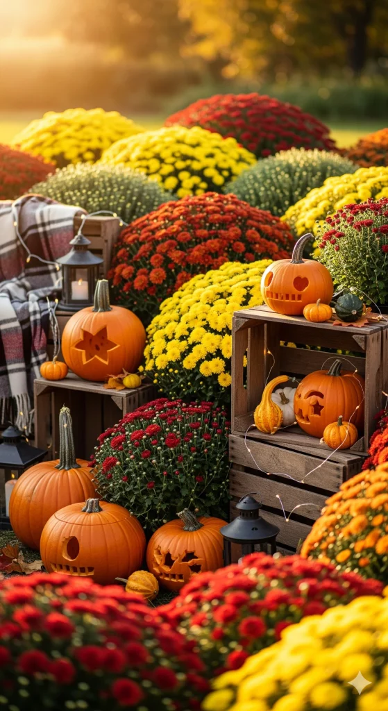 A vibrant autumn display featuring carved pumpkins, gourds, lanterns, and colorful chrysanthemum flowers in shades of red, yellow, and orange, arranged on wooden crates and blankets.