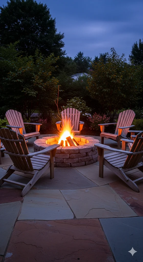 Hardscaping Ideas
A fire pit surrounded by Adirondack chairs on a patio at dusk.