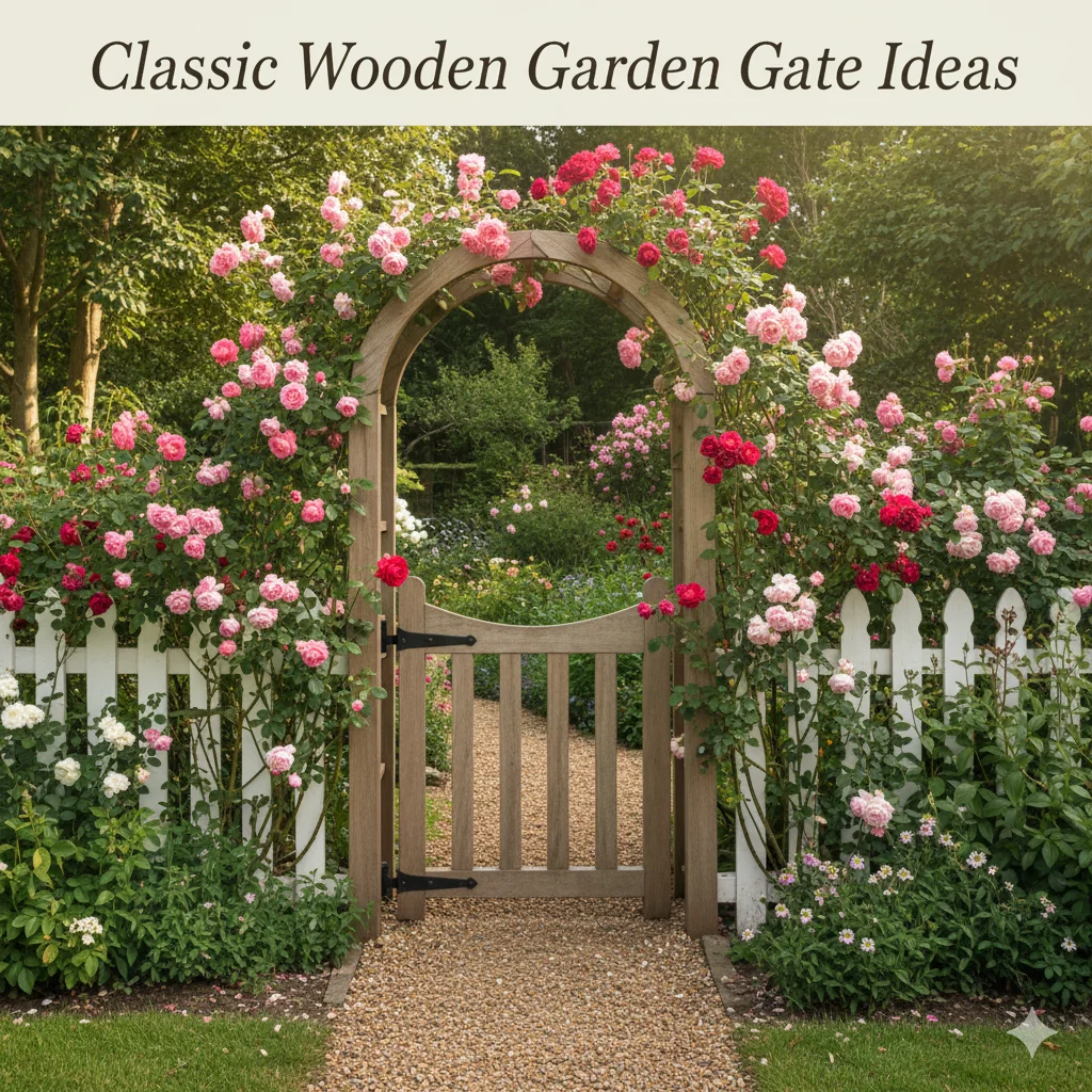 A wooden garden arch and gate covered in vibrant pink climbing roses, leading to a path. 