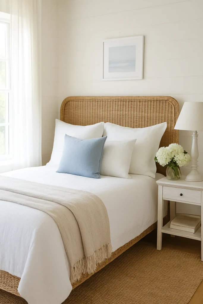 A serene bedroom with a rattan headboard, white bedding, a light blue accent pillow, and a white nightstand with a lamp and flowers.