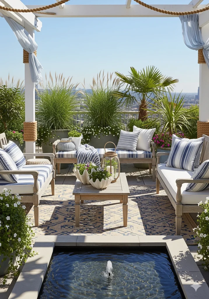 A stylish outdoor patio featuring light wood furniture with blue and white striped cushions, a coffee table, and lush green plants in planters, set against a city skyline backdrop. 