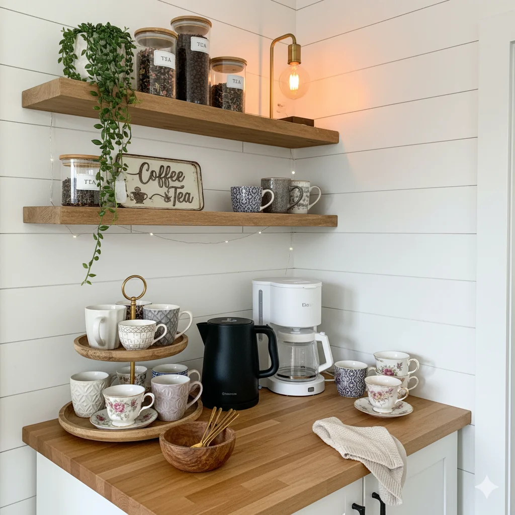 A cozy coffee and tea station featuring a coffee maker, kettle, mugs, and jars of tea on wooden shelves and a countertop.