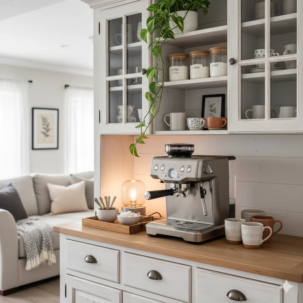 Home Coffee Station Ideas
A cozy coffee bar setup in a kitchen, featuring an espresso machine, mugs, and ingredients on a wooden countertop, with white cabinets and a living room visible in the background.
