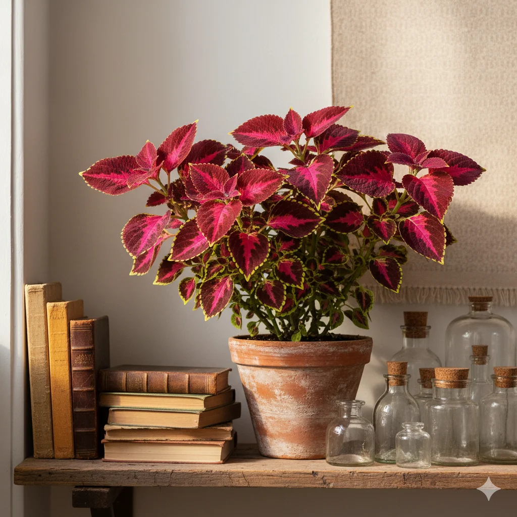 A coleus plant with multicolored leaves in a terracotta pot