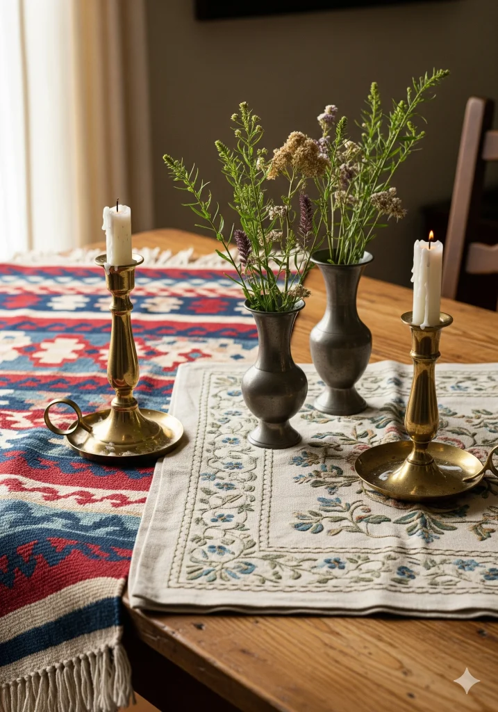 Two brass candlesticks with lit candles and two pewter vases with wildflowers on a patterned tablecloth.