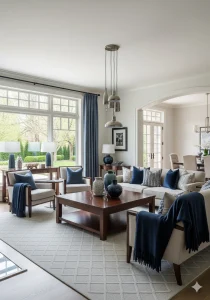 A bright, elegant living room with blue accents, a large window overlooking a garden, and a dining area visible through an archway.