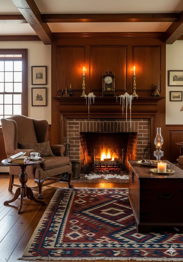 Colonial Style Interior Design
A cozy living room with a lit fireplace, an armchair, a wooden coffee table, and a patterned rug. 