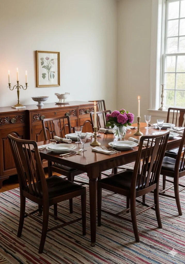 A set dining table with chairs and a buffet in a traditional dining room.