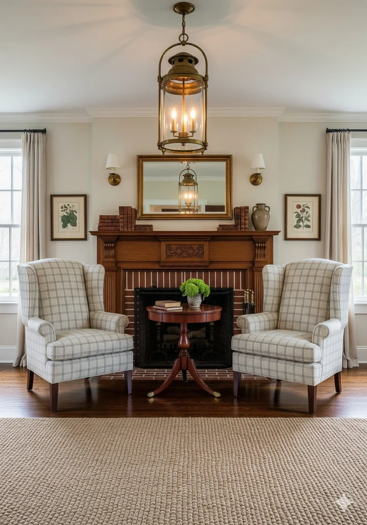 Colonial Style Interior Design
A cozy living room featuring two plaid wingback chairs flanking a wooden fireplace with a mirror and decorative items.