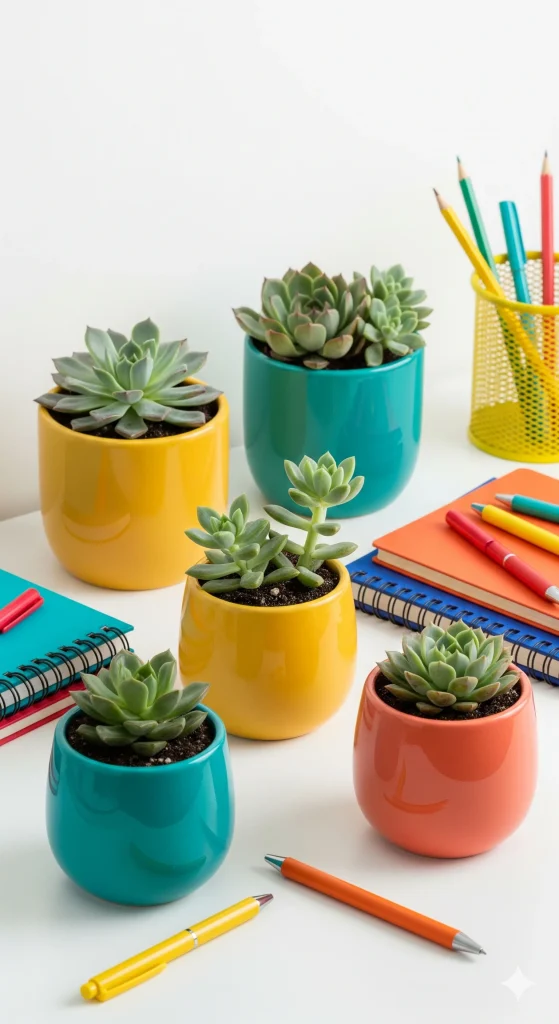 Desk Décor with Succulent Planters
Colorful ceramic pots with succulents, pens, and notebooks on a white surface.
