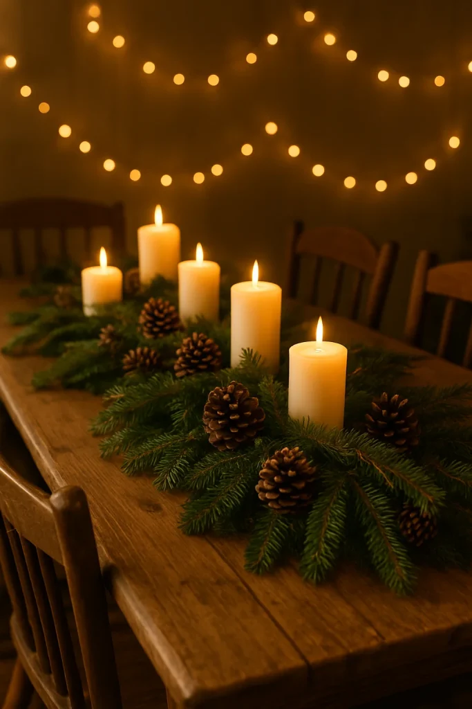  centerpieces with natural elements
A festive table centerpiece with lit candles, pine branches, and pine cones on a wooden table.