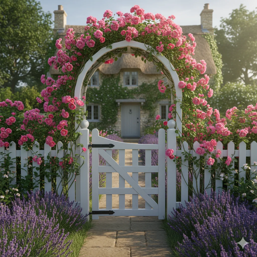 A white picket fence and gate with a rose-covered archway leading to a charming cottage with a thatched roof, surrounded by lavender and other flowers.