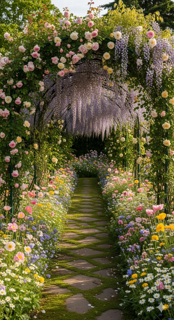 Garden Arbors
A garden path leading under an archway draped in pink roses and purple wisteria, with colorful flowers lining the path.