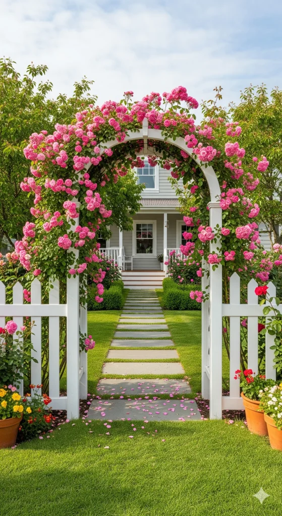 A white picket fence and arched arbor covered in vibrant pink climbing roses lead to a charming house with a grey exterior. 