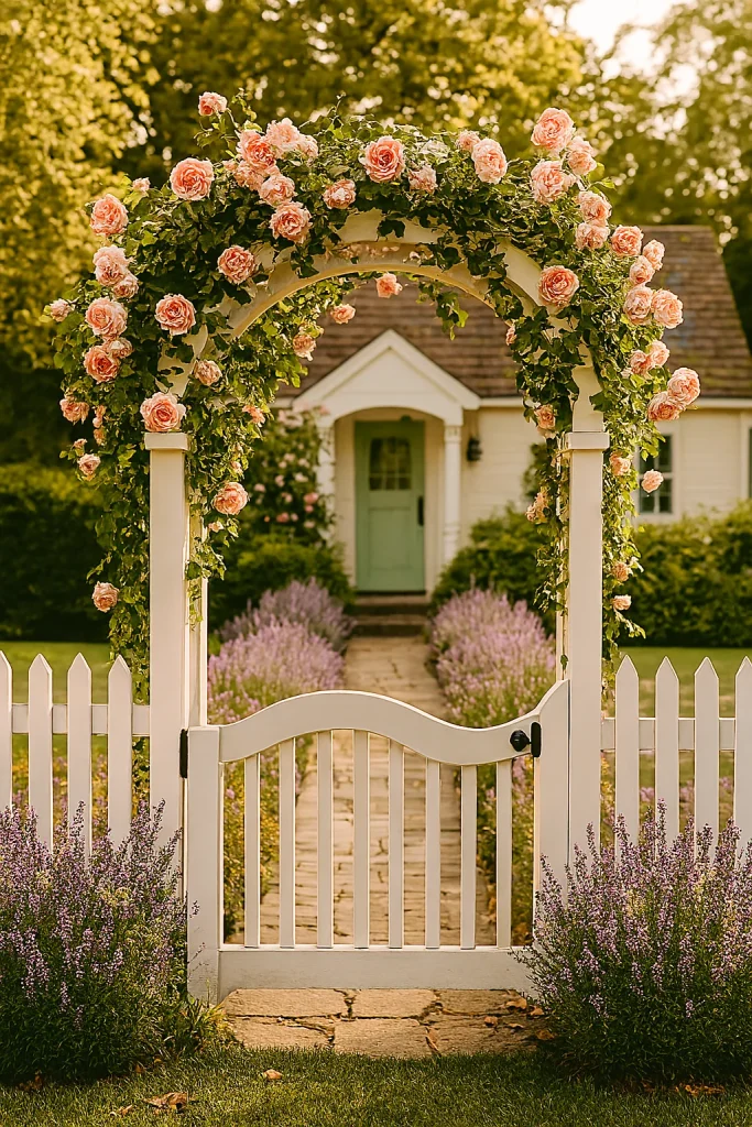 A white picket fence and gate leading to a cottage-style house, with an archway covered in climbing pink roses and lavender plants lining the pathway.
