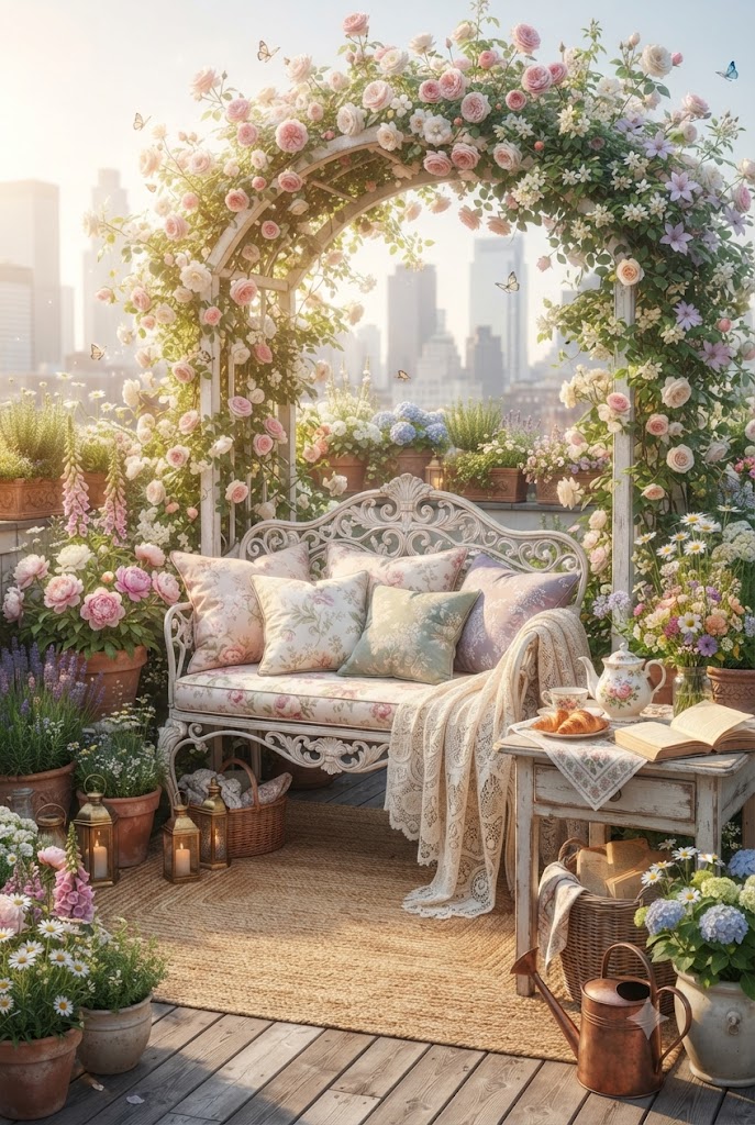 Cottagecore Rooftop with Romantic Seating