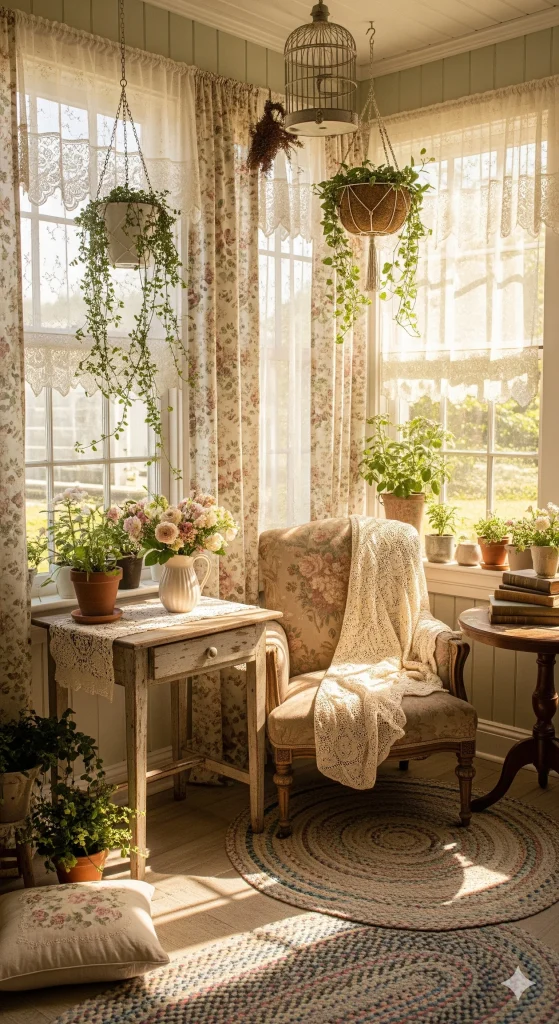 Sunroom Ideas
A cozy, sunlit room with vintage floral curtains, lace sheers, an armchair draped with a blanket, and numerous potted plants, including hanging ivy and a vase of roses on a wooden side table.