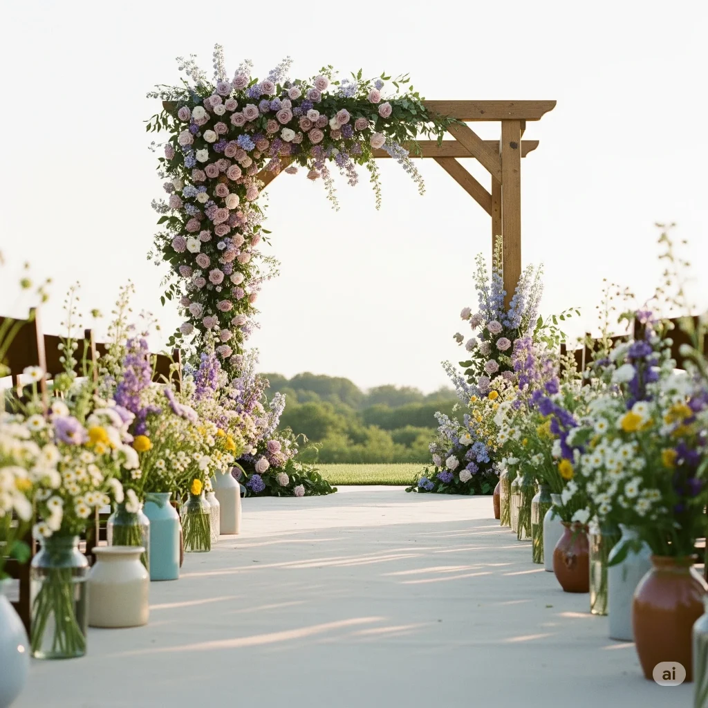 Garden Arbors
A wedding arch covered in purple and pink flowers, with a floral-lined aisle leading up to it. 