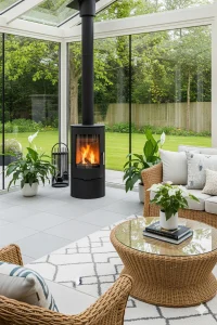 Sunroom Ideas A bright sunroom with large windows, filled with natural light, decorated with cozy seating, indoor plants, and a mix of modern and farmhouse décor.