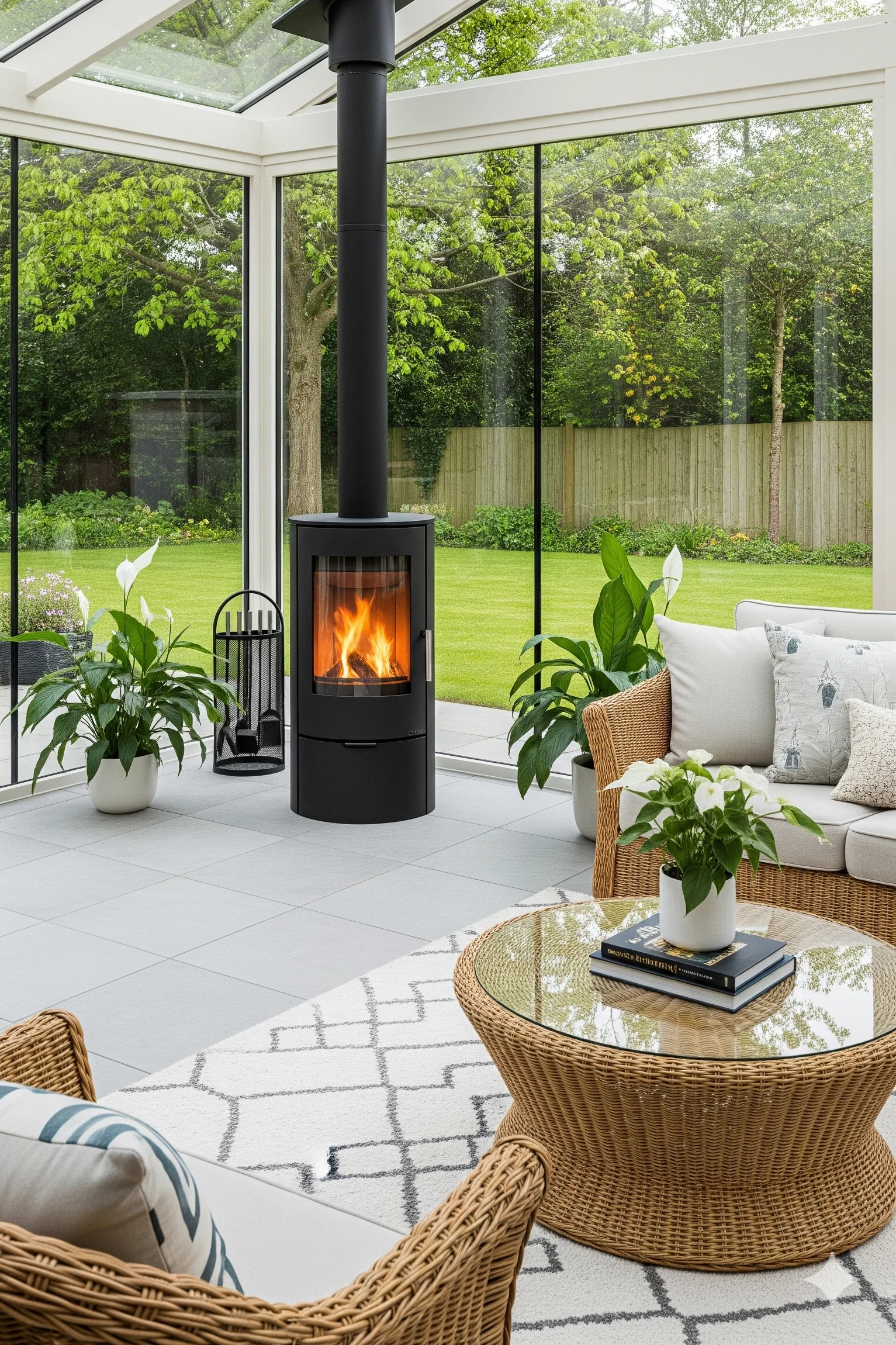 Sunroom Ideas A bright sunroom with large windows, filled with natural light, decorated with cozy seating, indoor plants, and a mix of modern and farmhouse décor.