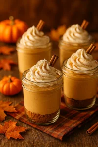 Four servings of pumpkin Cheesecake Cups in jars, topped with whipped cream and cinnamon sticks, with small pumpkins and autumn leaves in the background.