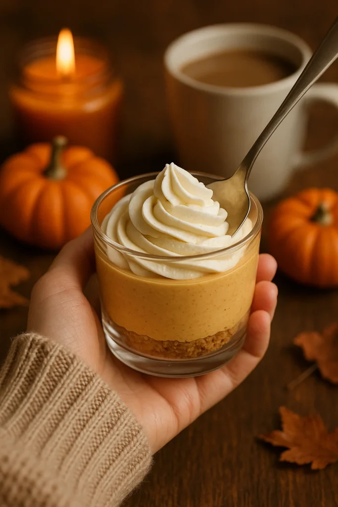 A hand holding a glass of pumpkin cheesecake cups or pumpkin mousse dessert with a whipped cream topping. 
