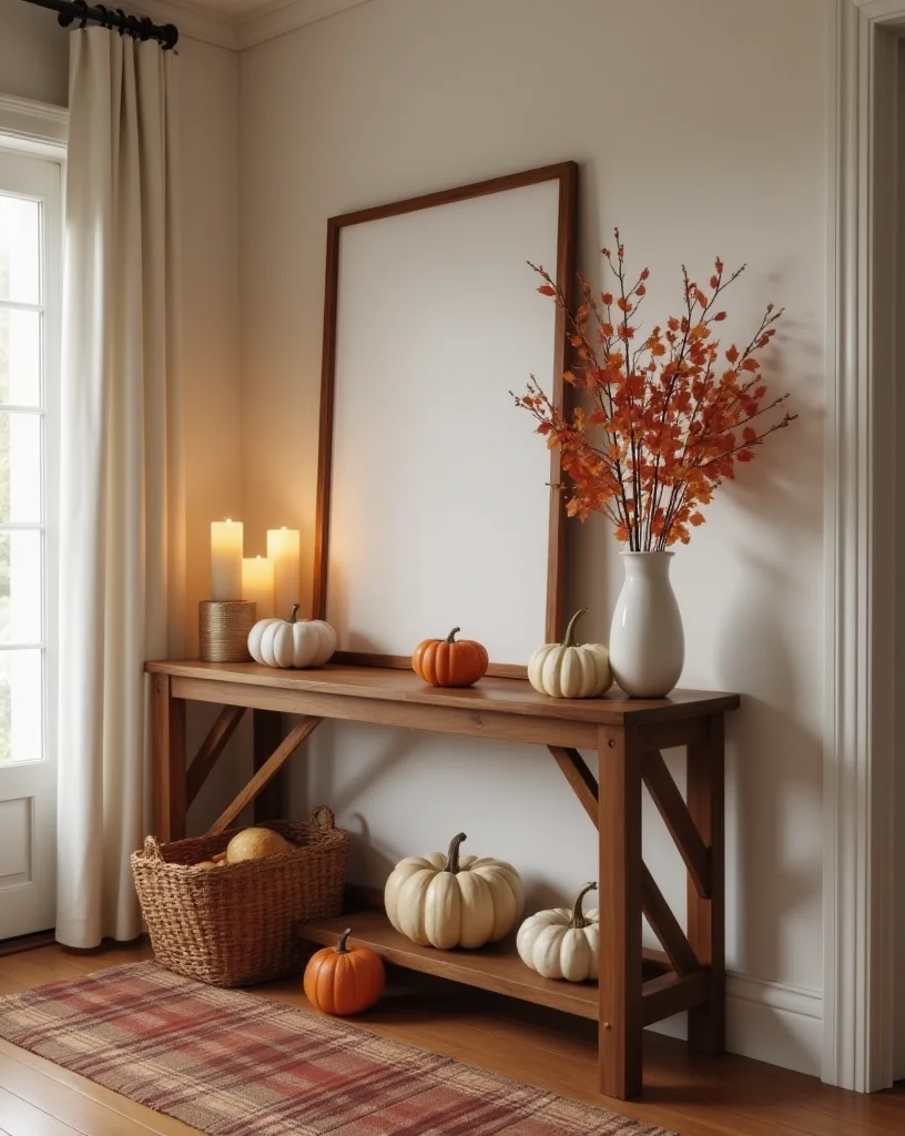 Fall Entryway Décor Ideas, Wooden Console Table with Pumpkin And Candles