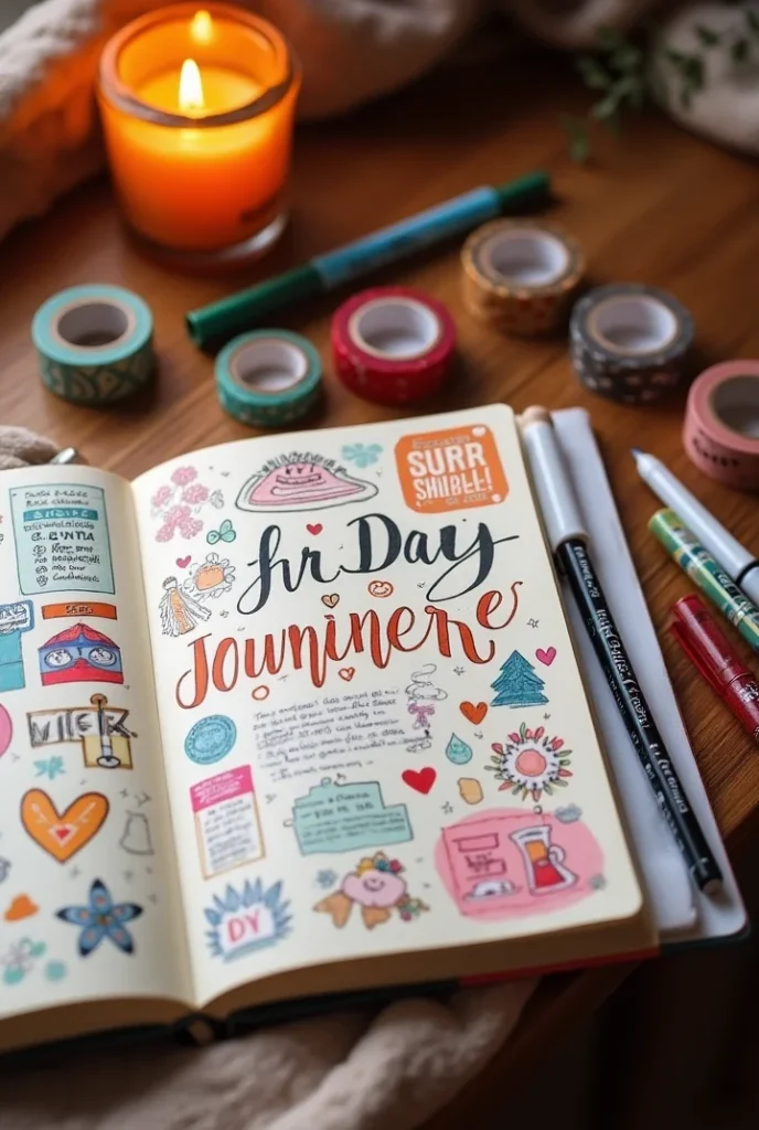 Best Bullet Journal supplies
A bullet journal open to a decorated page with pens, washi tape, and a lit candle nearby.