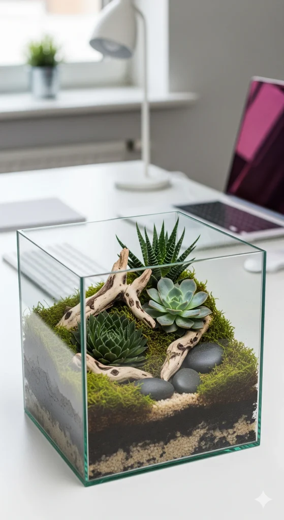 A glass cube terrarium containing succulents, moss, driftwood, and pebbles on an office desk. 