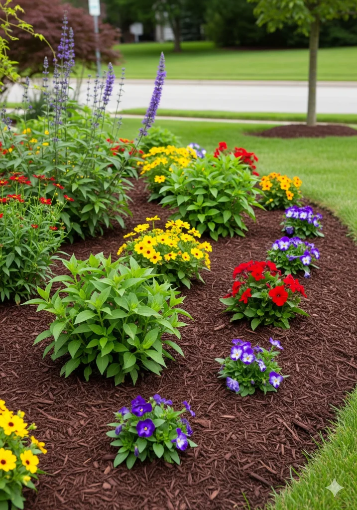 A vibrant flower bed with colorful plants and Dark brown wood mulch in a garden bed.