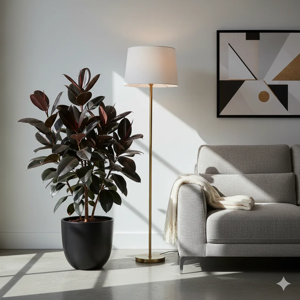 A deep burgundy rubber plant in a matte black pot, styled beside a gold floor lamp