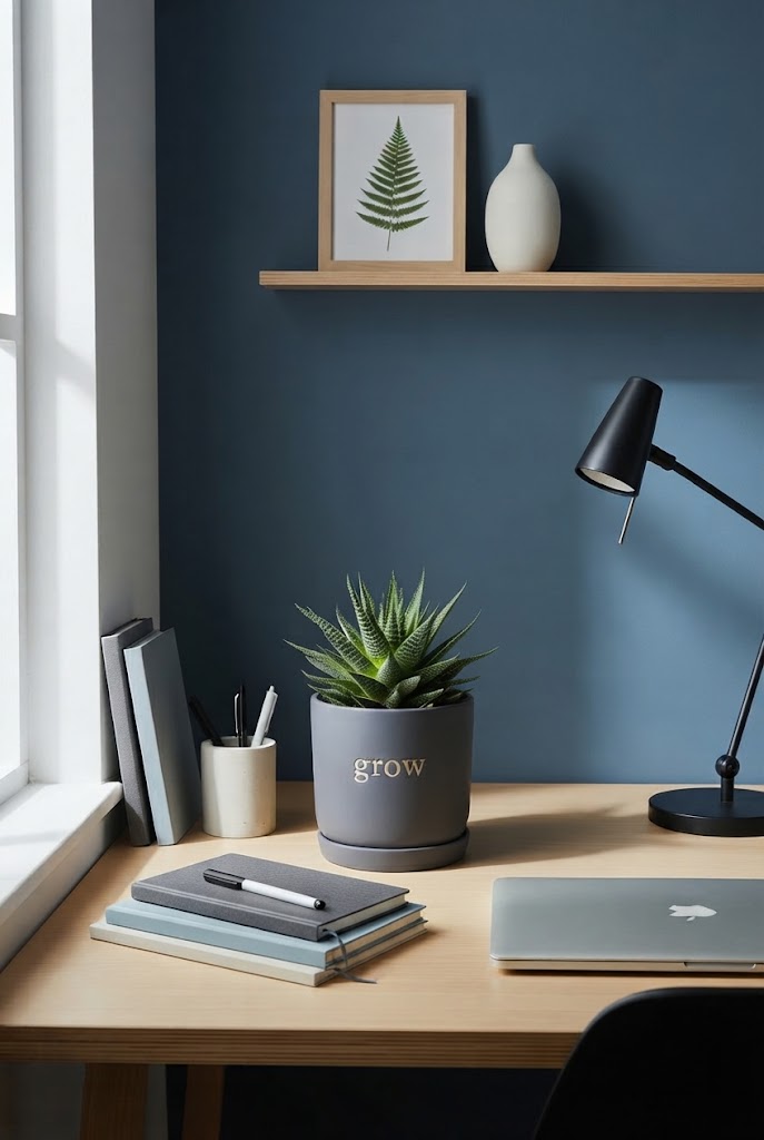 A desk with a succulent plant in a "grow" pot, books, a laptop, and a black lamp against a blue wall.
