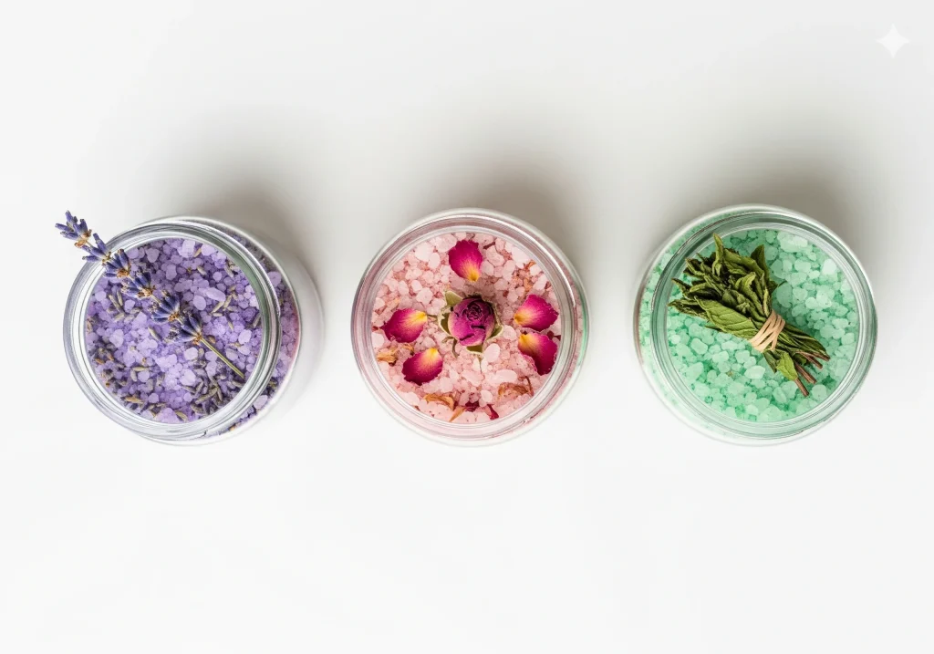 Three jars of bath salts: purple with lavender, pink with rose petals, and green with herbs.
