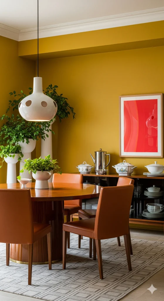 A dining room with a round wooden table, four orange chairs, a white pendant light, and a sideboard, set against a mustard yellow wall with a red framed artwork.