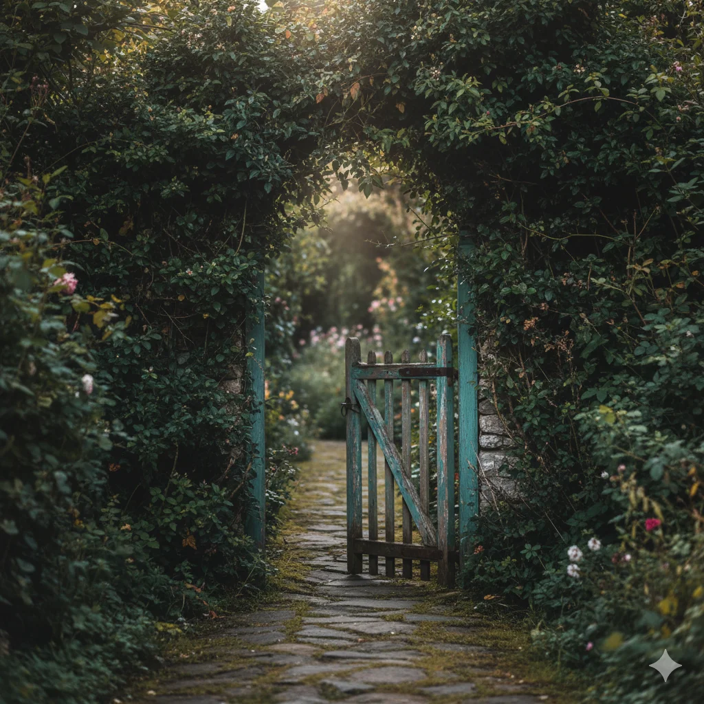 A weathered wooden gate in a lush, overgrown garden archway leading to a sunlit path.