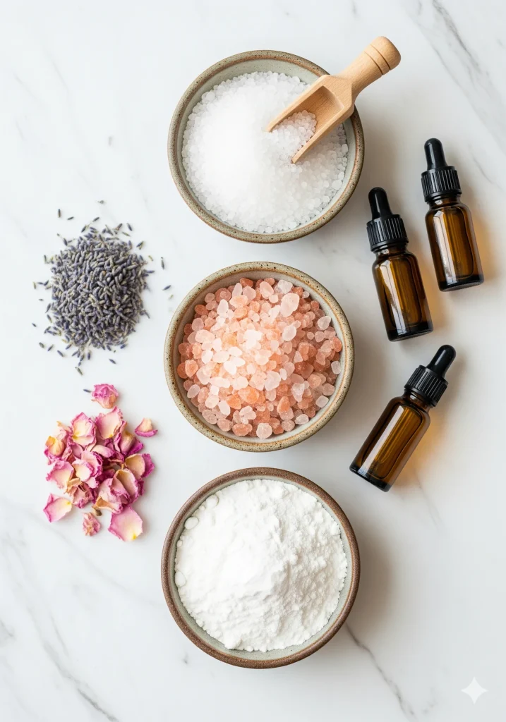 A flat lay of spa and bath ingredients including salts, dried flowers, and essential oils.