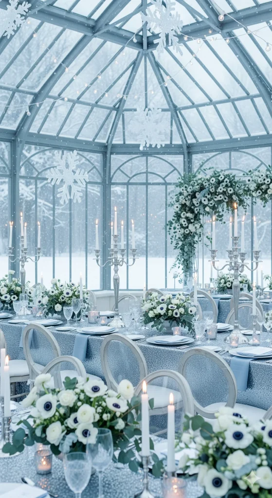 Winter Wedding Venues
A winter-themed wedding or event table setting with white flowers, candles in candelabras, and a sparkly blue tablecloth in a glass conservatory with snow outside.
