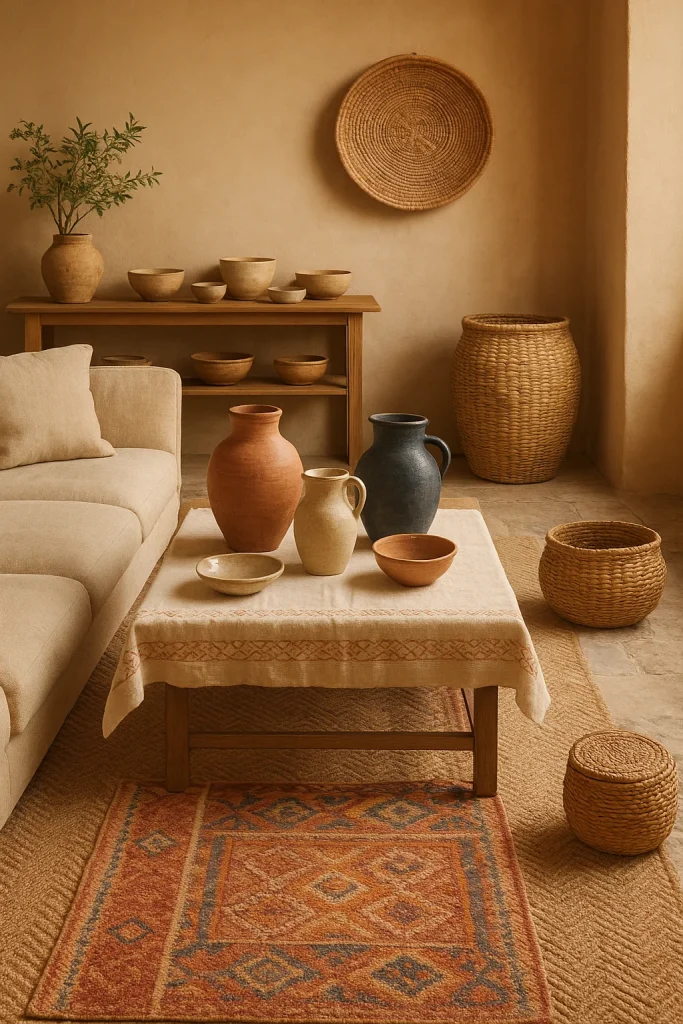 A living room decorated with natural materials and earthy tones, featuring ceramic vases, woven baskets, and a light-colored sofa and coffee table.