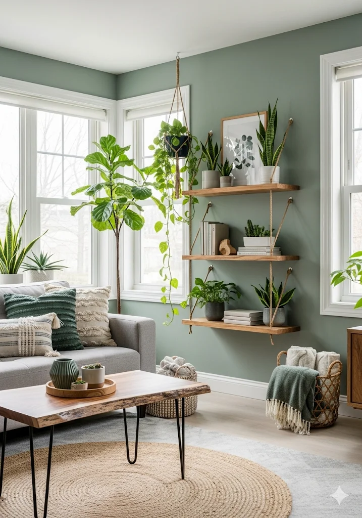 A bright living room with green walls, a gray sofa with pillows, a coffee table, and multiple potted plants, including a large fiddle leaf fig tree and hanging shelves with various plants.