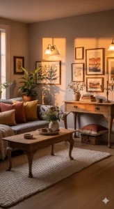 A cozy living room with a sofa, coffee table, and console table, decorated with plants, framed art, and warm lighting.