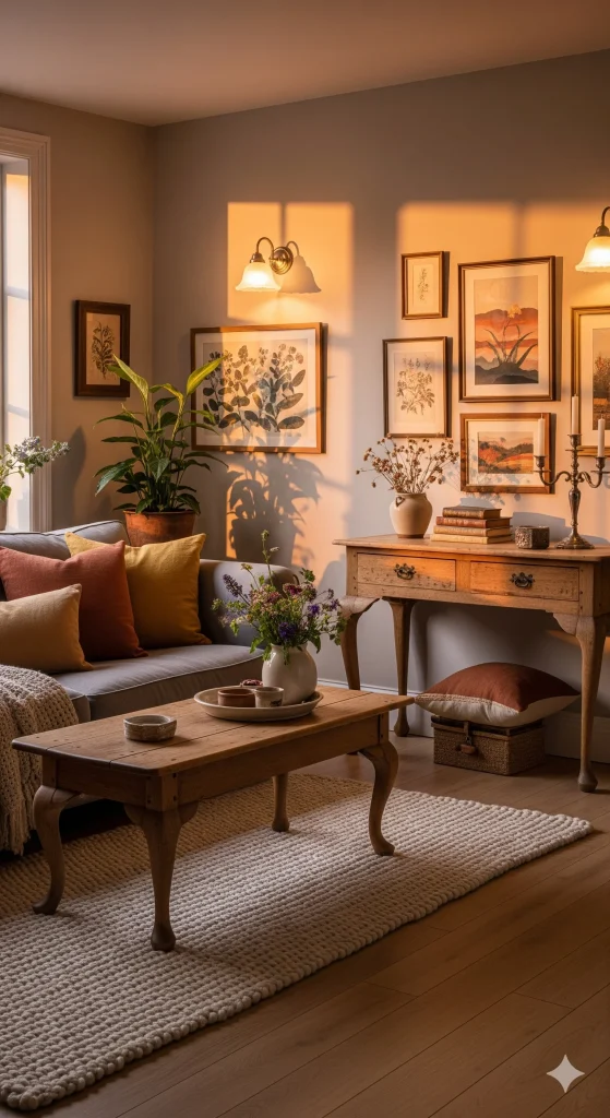 Cottage Color Palette 
A cozy living room with a sofa, coffee table, and console table, decorated with plants, framed art, and warm lighting.