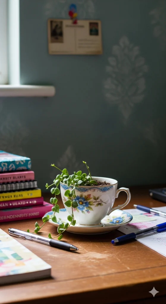 A string of pearls succulent plant in a floral teacup and saucer on a wooden desk with books and pens. 
