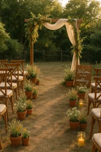An outdoor wedding aisle with wooden chairs, potted plants, and a wooden arch decorated with greenery and white fabric, with a "Welcome to our wedding" sign.
