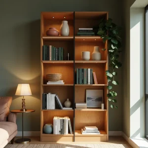 A wooden bookshelf with multiple shelves filled with books, decorative vases, and a hanging plant, illuminated by integrated lighting.