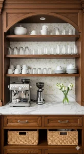 Home Coffee Station Ideas DIY Built-In Coffee Bar A coffee station with a machine, grinder, and shelves filled with white mugs, plates, and clear glasses, set against a floral wallpaper background.