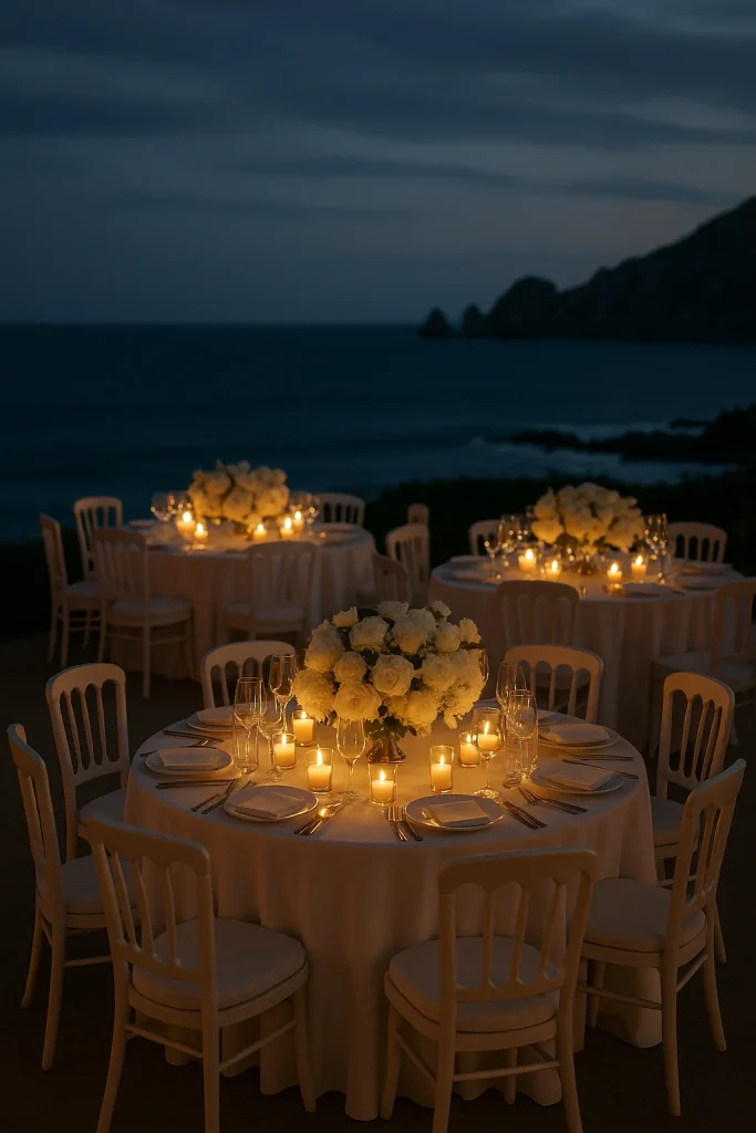 Tropical Destination Wedding 
A romantic outdoor wedding reception setting at night by the sea, with tables adorned with white floral centerpieces and numerous lit candles.