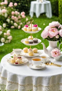 An elegant outdoor tea party setting featuring a tiered stand of cupcakes, teacups, and a vase of pink peonies on a white tablecloth in a garden setting.