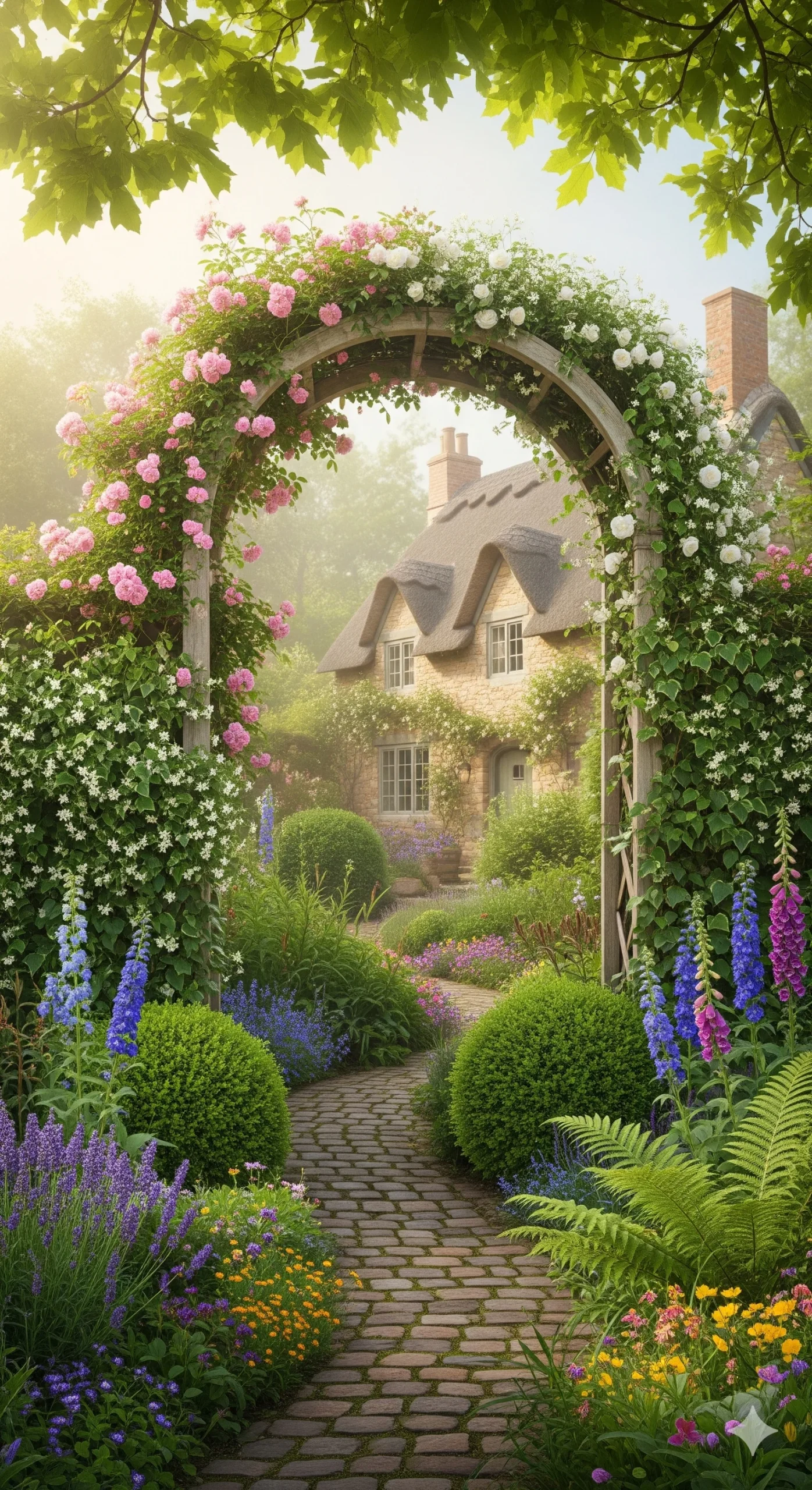 Garden Arbors A charming cottage garden with a flower-covered archway over a winding path leading to a stone cottage.