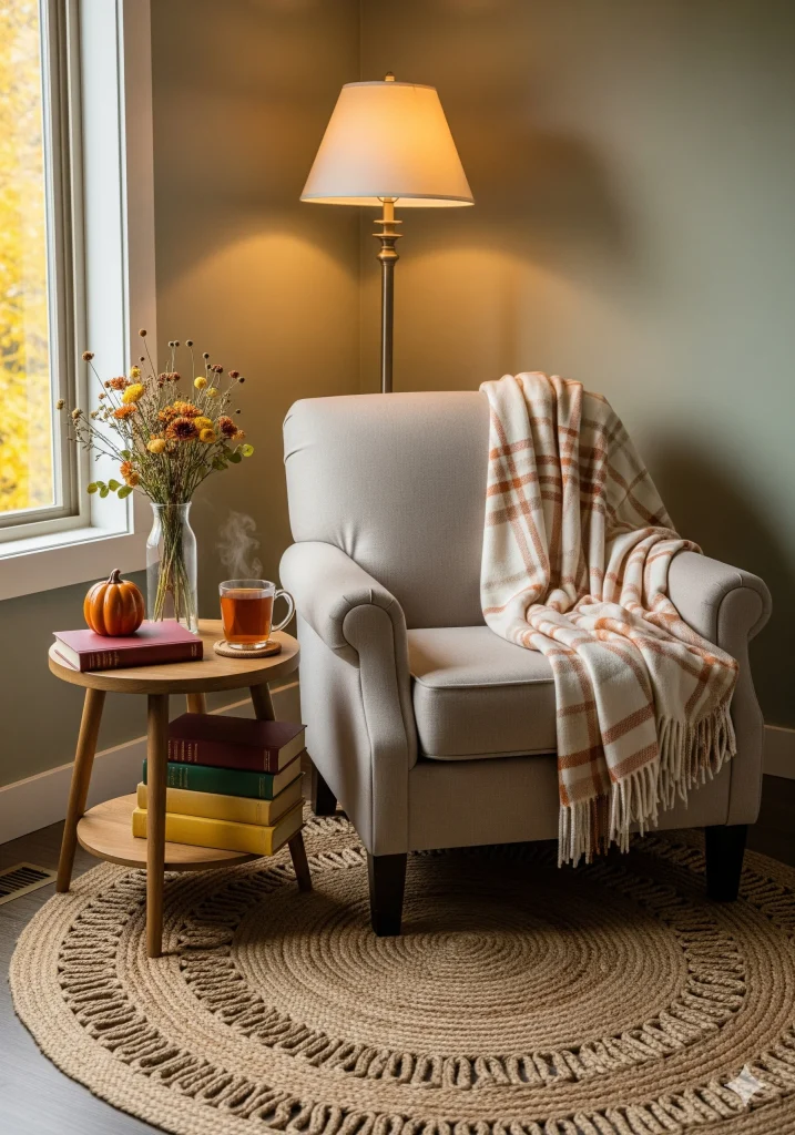 A cozy autumn scene with an armchair, lamp, books, flowers, a pumpkin, and a cup of tea. 
