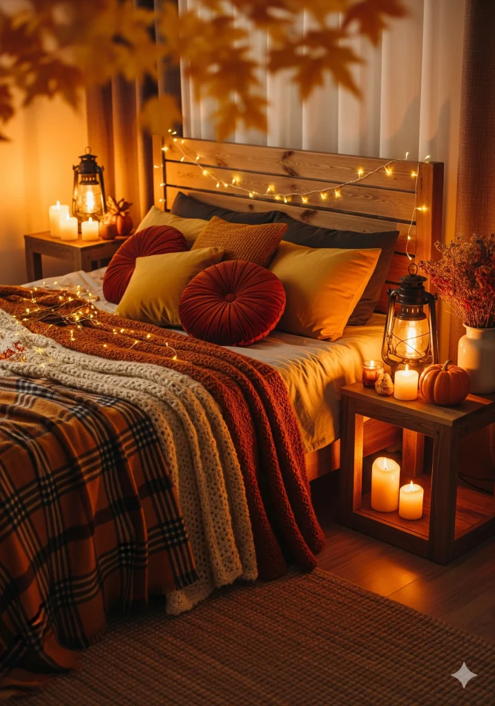 A cozy bedroom decorated for fall with warm lighting, plaid bedding, lanterns, and pumpkins. 